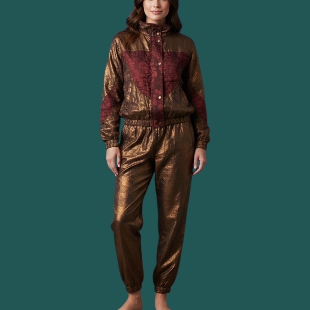 VTG COLIN 1980s Bronze Maroon Metallic Floral Swisher Windbreaker Jogger Suit